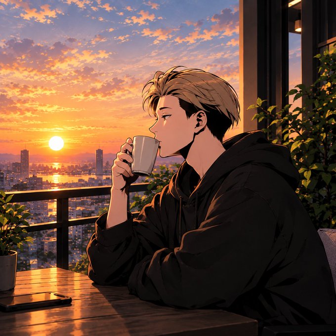 An anime-style illustration of a young man in a black hoodie drinking coffee on a balcony at sunset, overlooking a city skyline and ocean.