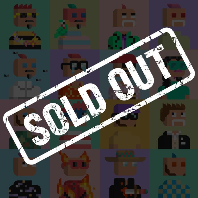 A promotional graphic showing a grid of various pixel-art character portraits with a large 'SOLD OUT' stamp diagonally across the image.