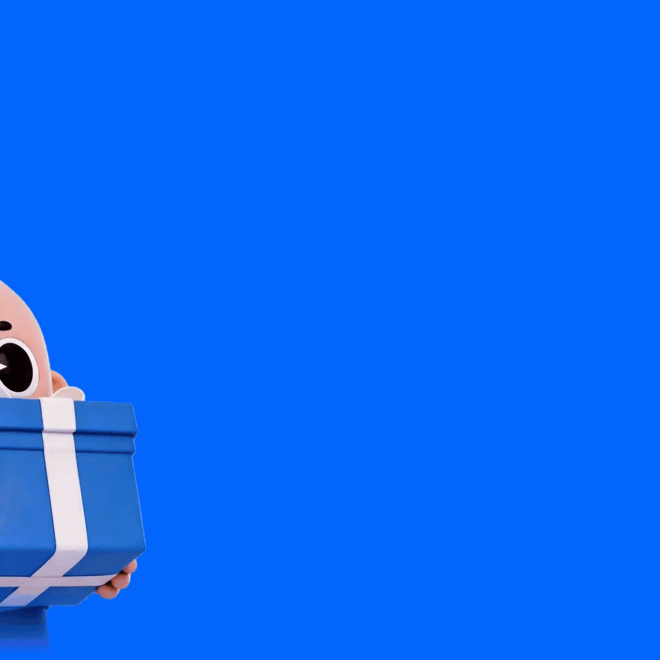 The image features a cartoon character, possibly a baby or a child, peeking out from behind a blue gift box with white trim. The background of the image is a solid blue color that contrasts with the bright colors of the gift box and the cartoon character's face. The text in the image reads "火币HTX 感恩福利大回馈还在继续质投礼包、赚币加息和各种活动奖励". The image is likely related to a post about gifts or promotions, as indicated by the text.
