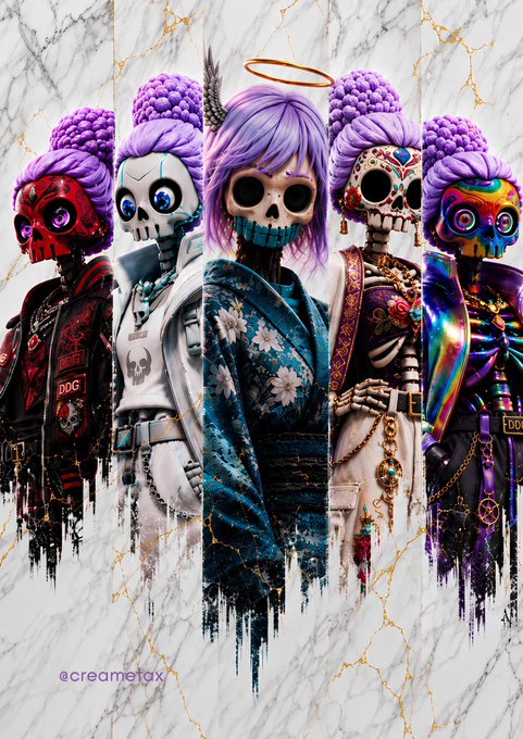 A vibrant digital artwork showing five stylized figures with skull faces and purple hair styled in buns, dressed in varied outfits (leather jacket, kimono) against a marble-patterned background, signed '@creometa' in the bottom left.