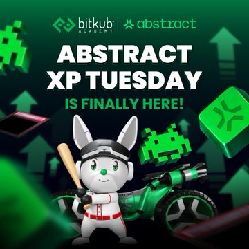 The image features a cartoon rabbit wearing a baseball uniform, holding a bat over his head as if he's ready for action. The background of the image is black with green arrows pointing upwards, creating an abstract scene that complements the cartoon rabbit. In the center of this scene, there are two green cubes and a green box with a red triangle on it. The text in the image reads "Abstract XP Tuesday is here! @AbstractChain @AbstractAsia @AbstractChainTH It'S time for the Abstract community to check their weekly XP scores #XP #Abstract", indicating that the post is about the XP game happening on Tuesday, specifically targeting the Abstract community.