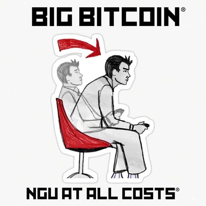 A graphic reads “BIG BITCOIN” at the top and “NGU AT ALL COSTS” below an illustration of a seated person and a red arrow.