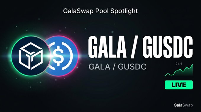 The image shows a pool of money with two blue coins floating in it - one of which has an "S" on its face, indicating that this may be the initial investment for GALA/GUSDC pool spotlight. There are also two stars above these coins, representing different pools of money from which the funds have been invested to create the current pool. The background is black and white, providing a striking contrast against the vibrant colors of the coins and stars. The image features a title at the top that reads "Gala/GUSDC Pool Spotlight", suggesting that this may be an advertisement or promotional piece for GALA/GUSDC pool spotlight on GalaSwap, which is known as the creator of pools.