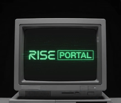 A vintage CRT computer monitor displays the glowing green text "RISE PORTAL" on a dark screen, evoking a retro cyberpunk aesthetic.
