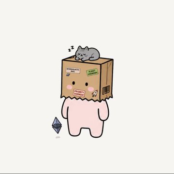 A cute cartoon illustration of a pink figure with a cardboard box on its head, with a sleeping gray cat resting on top and a small blue crystal beside it.