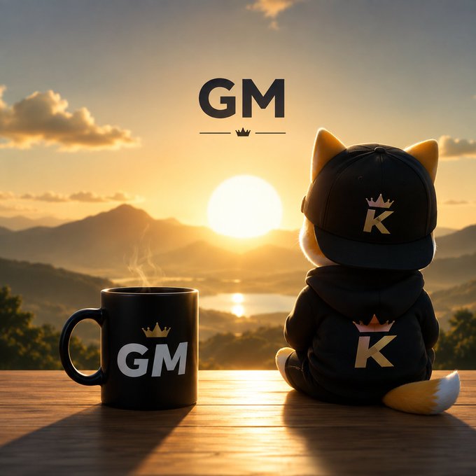 A plush fox wearing a "K" cap sits beside a steaming "GM" mug, gazing at a sunrise over distant mountains—capturing the calm "good morning" optimism behind the post's reminder that patience and steady learning matter more than chasing every market move.