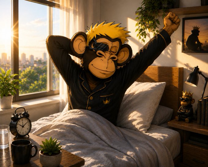 An AI-generated image depicting a cartoon monkey character wearing sunglasses and pajamas waking up in bed, stretching with arms raised, set in a cozy bedroom with morning sunlight, featuring a small crowned monkey figurine on the nightstand.