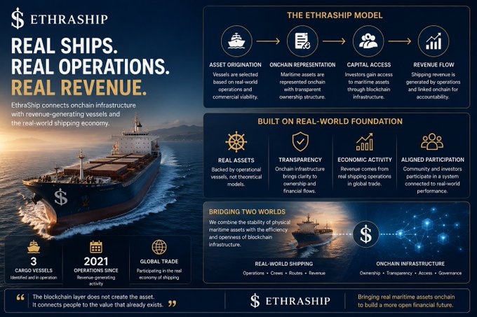 An infographic for "$ETHRASHIP" promoting "REAL SHIPS. REAL OPERATIONS. REAL REVENUE." with details about maritime assets, onchain representation, capital access, and revenue flow, noting "3 CARGO VESSELS" and "OPERATIONS SINCE 2021."