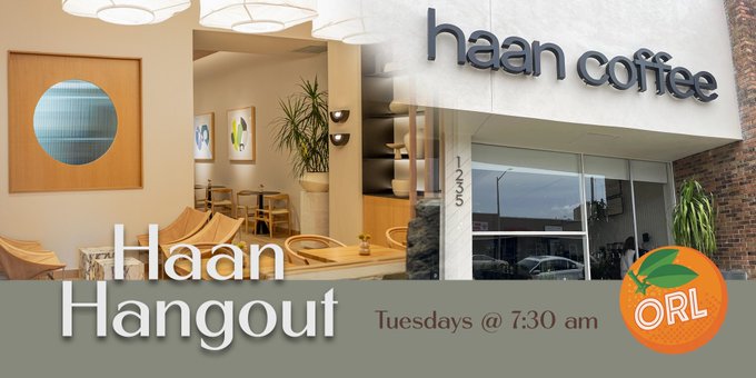 The image features a poster for an event called "HAAN HANGOUT" that takes place at Haan Coffee, which is located in Orlando, Florida. The poster includes details about the event, such as its date (Tuesday) and time (7:30 am). It also mentions that there will be a discussion on Dogecoin during this gathering. The image does not contain any text or additional information beyond these details.