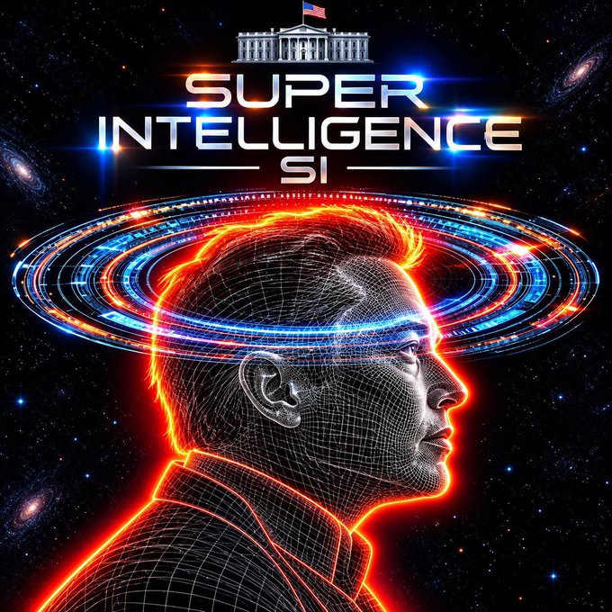 A sci-fi style digital artwork titled 'SUPER INTELLIGENCE SI' with a wireframe man's profile glowing with neon red and blue rings, set against a starry space background with the White House and US flag at the top.