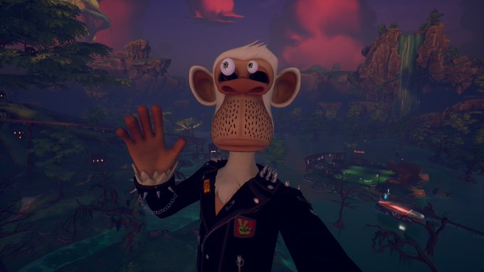 A 3D animated monkey character wearing a spiked black leather jacket waves at the viewer against a vibrant jungle landscape with pink and purple skies.