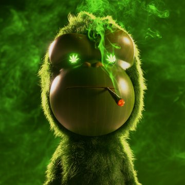 A 3D rendered furry creature with large glowing green eyes and a green smoke effect rising from its head against a dark green background.