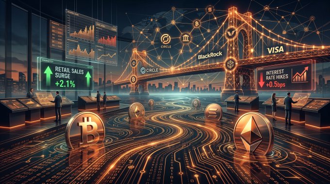 A futuristic digital artwork depicting a glowing cryptocurrency and stock trading landscape with Bitcoin and Ethereum coins, circuit-board pathways, and neon signs referencing Circle, BlackRock, Visa, 'Retail Sales Surge +2.1%', and 'Interest Rate Hikes +0.5bps'.