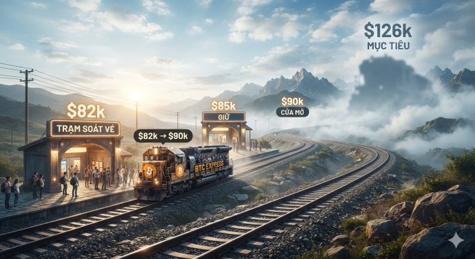 An illustrated scene showing a train at a railway station with price milestones marked: $82k 'TRẠM SOÁT VÉ', $82k → $90k transition, $85k 'GIỮ', $90k 'CỦA MÌNH', and $126k 'MỤC TIÊU' in the sky.