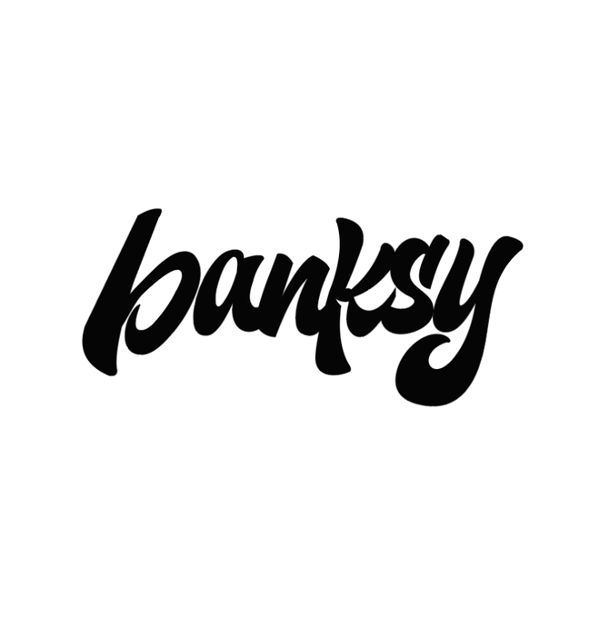 A black and white typographic logo for 'banksy' in a stylized brush script font.
