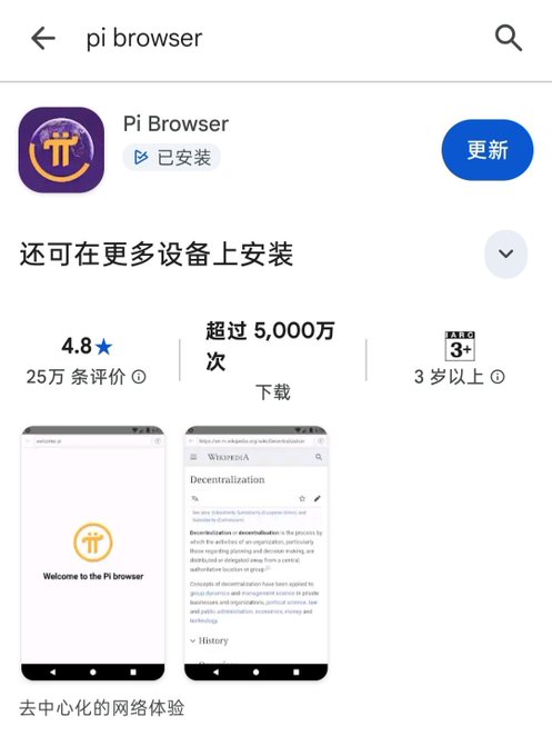 App store listing for 'Pi Browser' in Chinese, showing it as installed with a 4.8-star rating, over 50 million downloads, and screenshots including a Wikipedia decentralization page.