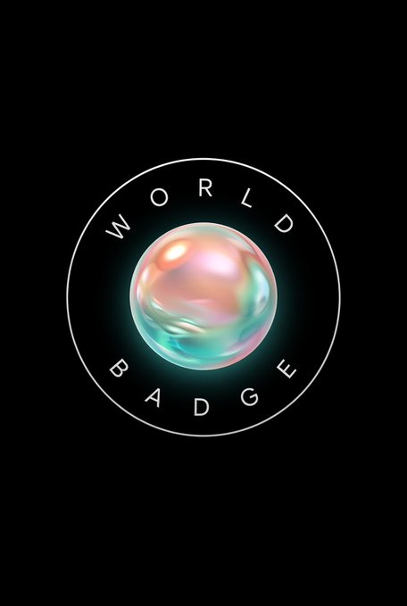 A logo design features a pearlescent orb with iridescent pink and teal swirls centered on a black background, encircled by a white ring with the text 'WORLD BADGE' curved around it.