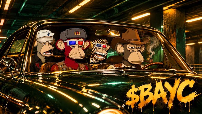 A stylized digital artwork shows four Bored Ape-style NFT characters with 3D glasses and varied hats riding in a green vintage car, with the text '$BAYC' displayed prominently in gold.