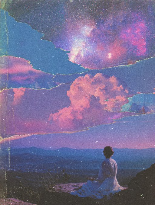 A digital painting of a person sitting on a hill at night, gazing at a vibrant sky filled with pink and purple clouds and a starry galaxy.
