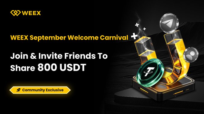 A promotional banner for the WEEX September Welcome Carnival invites users to join and invite friends to share an 800 USDT prize pool among 100 lucky winners, featuring the WEEX logo and a 3D "U"-shaped trophy with Telegram and cryptocurrency coin icons, with a "Community Exclusive" tag at the bottom.