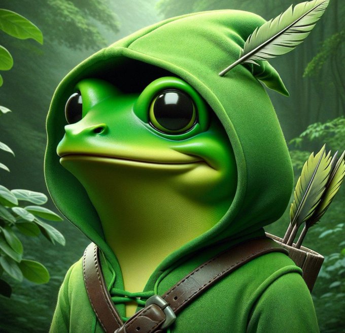 A digital illustration of a green frog character wearing a green Robin Hood-style hood, with a feather tucked into the hood and arrows visible in a quiver on its back, set in a lush forest.