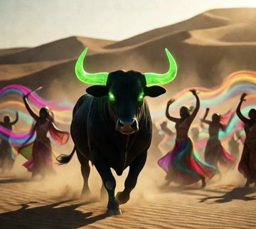 A dynamic fantasy image shows a black bull with glowing green horns charging through a desert, surrounded by dancing figures with flowing rainbow-colored fabrics in the background.