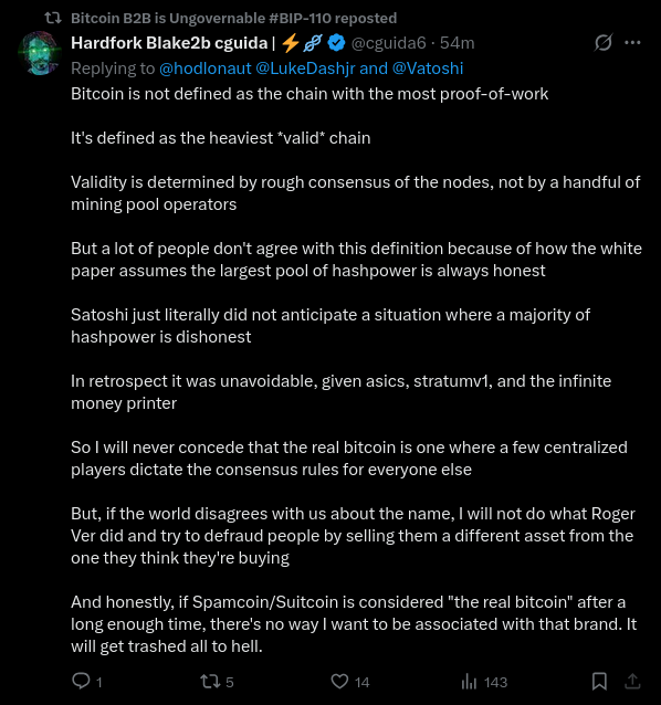 A tweet by @cguida6 discussing Bitcoin consensus, stating that 'Bitcoin is not defined as the chain with the most proof-of-work' but rather the heaviest valid chain determined by node consensus.