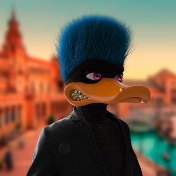 A 3D-rendered anthropomorphic bird character with blue spiky hair, a black mask, an earring, and a nose ring stands against a blurred Venice-like backdrop.