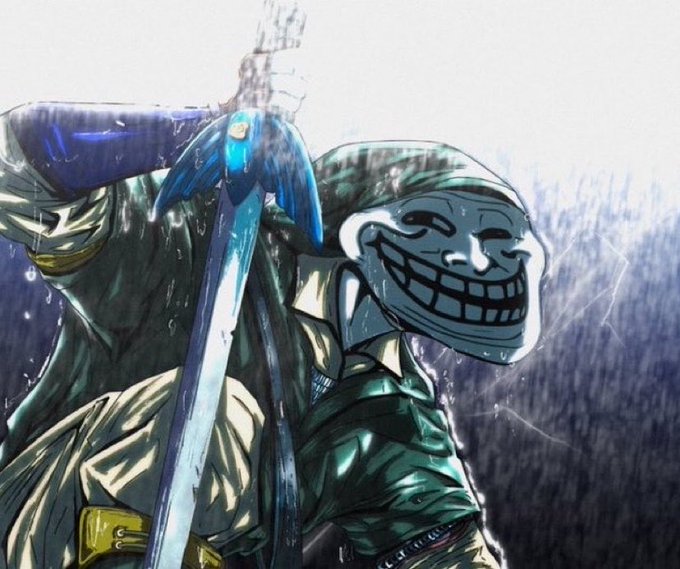 An anime-style illustration depicts a green-clad ninja wearing a grinning white mask, holding a blue sword in a rainy scene.