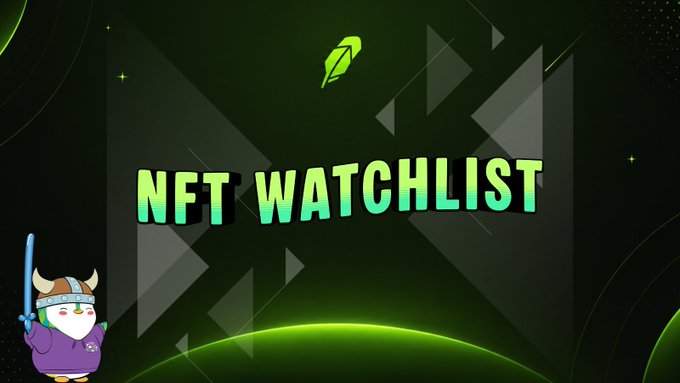 A promotional graphic titled "NFT WATCHLIST" in bold green text, featuring a small cartoon character in a Viking helmet with a sword and a rocket icon at the top, all set against a dark geometric background. The image aligns with the post's announcement of resuming NFT watchlists, highlighting Robinhood and the featured project @RobinWifHat.