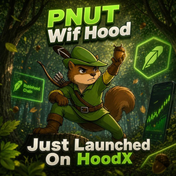A promotional graphic for 'PNUT Wif Hood' featuring a cartoon squirrel archer in green attire, announcing a launch on HoodX.