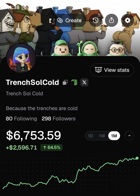 A mobile app screenshot shows a user profile for 'TrenchSolCold' with the bio 'Because the trenches are cold', displaying a balance of $6,753.59 (+$2,596.71, ↑64.5%) and a green upward-trending chart.