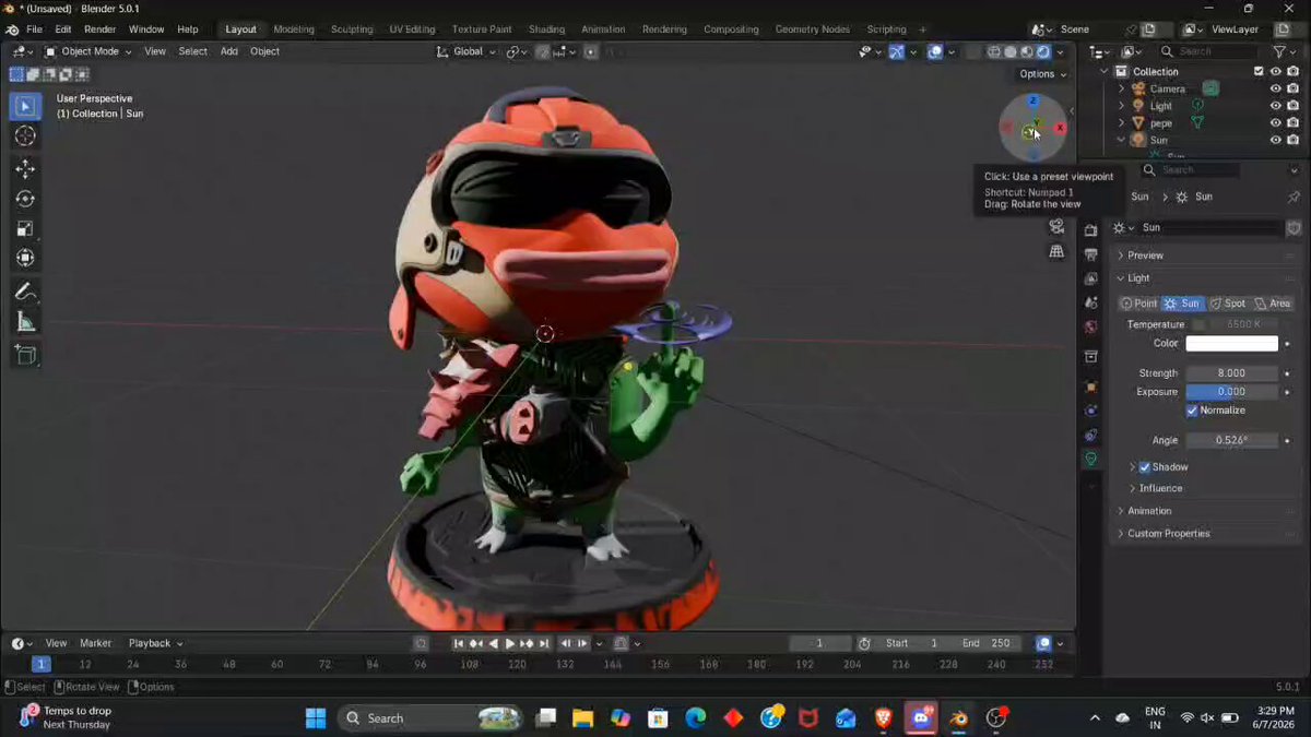 The image shows an animated character, likely a cartoon or 3D model of a person wearing a helmet with goggles, standing against a gray background. The character appears to be holding a sword, which adds to its action-packed nature. The character is surrounded by various elements in the image, including a computer screen and a mouse.

The post features an image of the character from the animated movie Pepe, along with text that reads "@TrystanNFT underestimated my love for pepe arts Here is a 3D recreation of one of my favorite sneak peeks Good luck @PepeExplorers See you on 10th june". The post seems to be promoting an event or showcasing the character from the movie.
