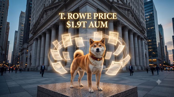 A Shiba Inu dog stands on a pedestal in front of a classical columned building, surrounded by floating ETF share certificates, with glowing text reading "T. ROWE PRICE $1.9T AUM" above—visually symbolizing the massive institutional entry into crypto ETFs referenced in the post, including the existing $DOGE ETF.