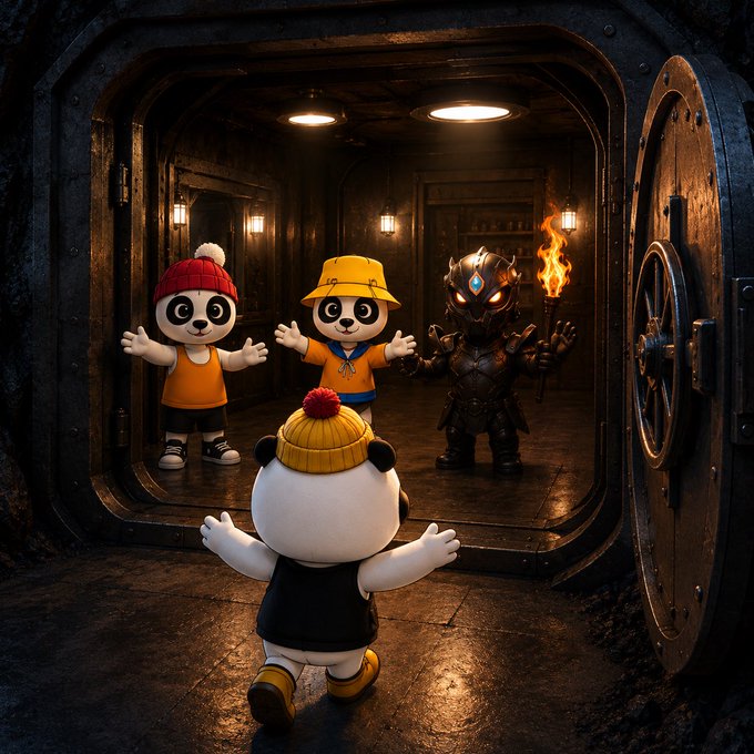 A panda wearing a yellow beanie approaches a vault door where two other pandas and a fiery armored figure welcome it with open arms. The image visually represents the "bunker" concept from the post, depicting new NFT characters being added to a secure, treasure-like reserve collection.