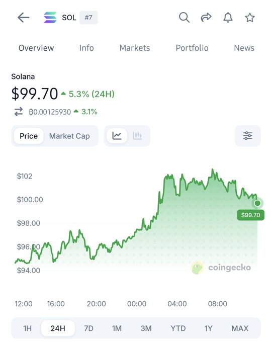 The image shows a Solana (SOL) price chart from CoinGecko displaying SOL at $99.70, up 5.3% in 24 hours, with the 24H graph showing a clear recovery from around $94 to nearly $102. The post likely celebrates calling a "bottom" on SOL, as the chart illustrates a strong rebound from the low $90s, proving that anyone who bought near the bottom would be "up bigly" following the surge.