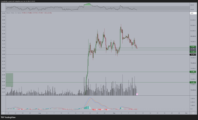 A TradingView financial chart displaying Bitcoin price action with candlesticks, volume bars, and an MACD indicator at the bottom, with prices ranging around 77,000-82,000.