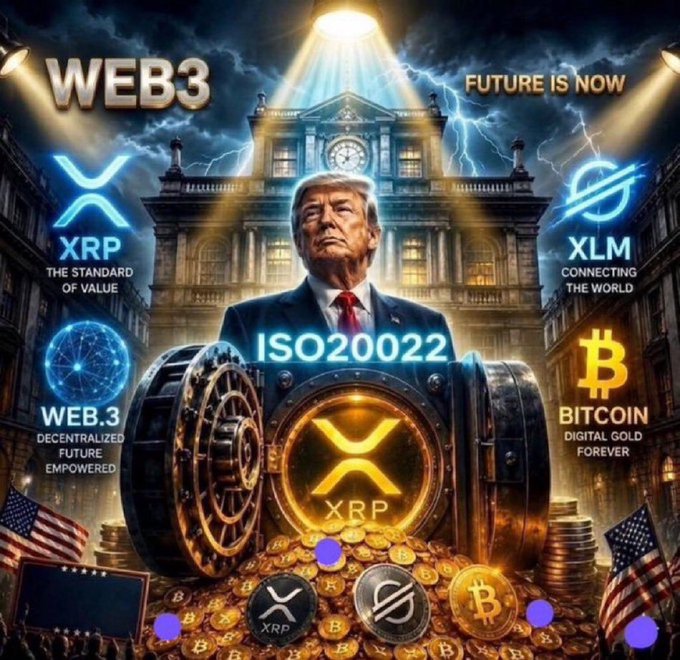 A promotional graphic displays 'WEB3 FUTURE IS NOW' with logos for XRP ('THE STANDARD OF VALUE'), XLM ('CONNECTING THE WORLD'), WEB.3 ('DECENTRALIZED FUTURE EMPOWERED'), and BITCOIN ('DIGITAL GOLD FOREVER'), along with 'ISO20022' and an illustration of Donald Trump in front of a building.