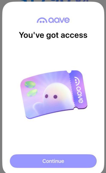 A mobile app screen from Aave displaying a 'You've got access' message with a colorful purple ticket graphic and a 'Continue' button at the bottom.