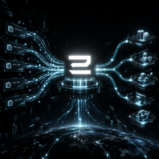 A futuristic digital illustration showing glowing blue data streams flowing between file folders and 3D icons connected to a central glowing symbol above a network globe.