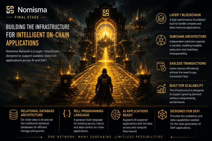 A promotional graphic for **Nomisma Network's Final Stage** showcasing its Layer 1 blockchain infrastructure, featuring a silhouetted figure walking toward a glowing golden citadel. Key features highlighted include **subchain architecture, gasless transactions, scalability, relational database architecture, a purpose-built programming language called RELL, AI-ready support, and DeFi scalability** — visually reinforcing the post's description of a modular, multi-subchain Layer 1 network designed to scale diverse on-chain workloads.