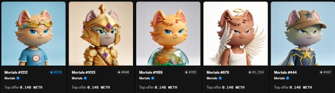 A lineup of five digital collectible cat figurines from the "Mortals" NFT collection, showing distinct characters with levels ranging from #1212 to #444 and top offers between 0.146–0.146 ETH, highlighting the new artwork mentioned in the GM post.