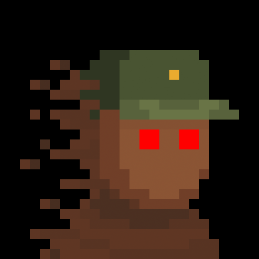 A pixel art character wears a green military helmet and has red glowing eyes, dissolving into brown particles on a black background.