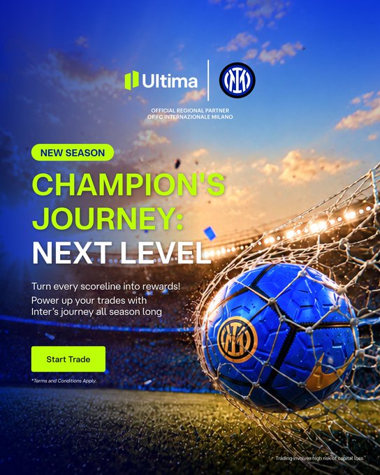 A promotional advertisement for Ultima as the Official Regional Partner of FC Internazionale Milano, featuring a soccer ball in a net with the tagline 'CHAMPION'S JOURNEY: NEXT LEVEL' and a 'Start Trade' button.