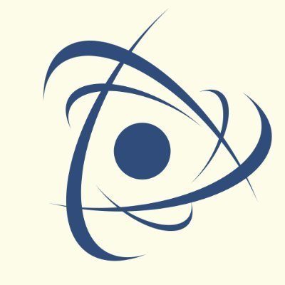 A stylized atomic or orbital logo featuring a central sphere surrounded by three intersecting elliptical orbits in dark navy blue on a cream background.