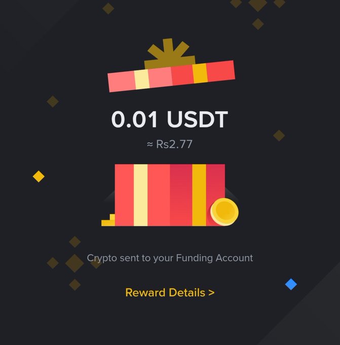 A reward notification screen displaying '0.01 USDT ≈ Rs2.77' with the message 'Crypto sent to your Funding Account' on a dark background.