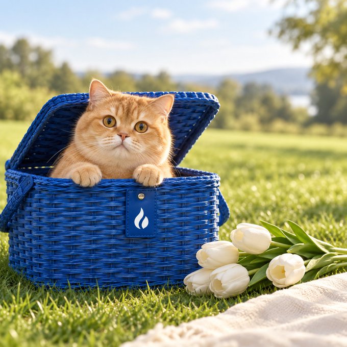 An adorable orange tabby cat peeks out from a vibrant blue wicker picnic basket with a partially open lid, sitting on lush green grass beside a bouquet of white tulips and a cream-colored blanket, perfectly capturing the playful "extra" guest that joined the GMeow Weekend picnic packing adventure.