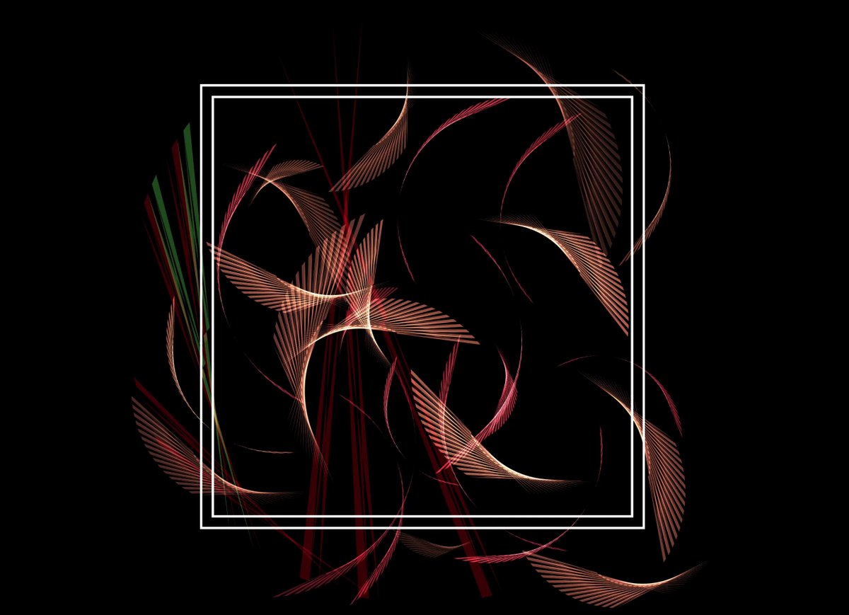 The image features an abstract art piece with a black background that includes lines and shapes resembling a dance or a performance. The elements are arranged in such a way that they create a sense of movement and dynamism, as if the artwork is alive and changing over time. The colors used in the artwork are predominantly red, orange, and yellow, which contribute to the overall energetic and vibrant feel of the piece.