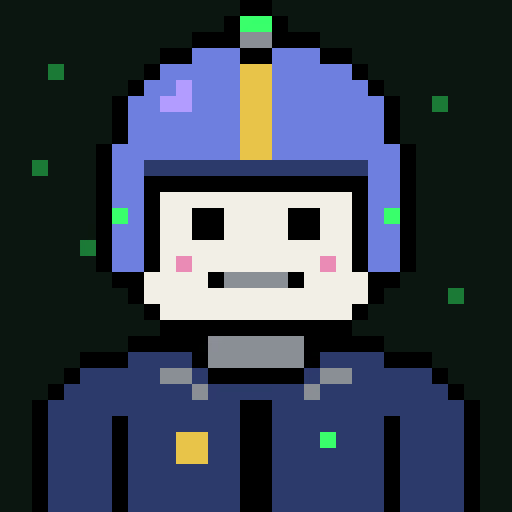 A pixel art illustration of a character wearing a blue helmet with a yellow stripe and a dark blue jacket, set against a dark background with small green pixels.