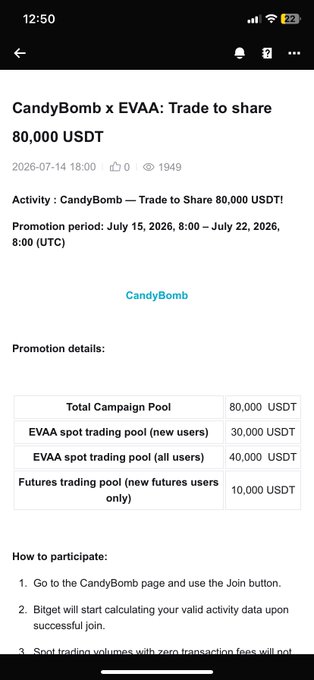 Mobile screenshot of a Bitget 'CandyBomb x EVAA' promotion offering to share 80,000 USDT, detailing campaign pools for spot and futures trading from July 15-22, 2026.